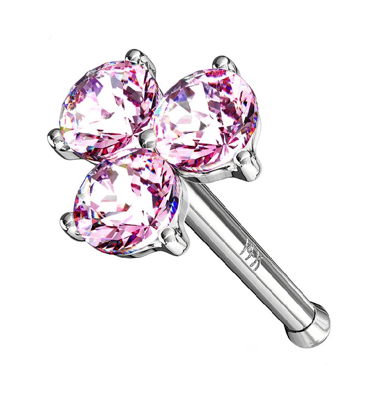 20G Pink Trinity CZ 14kt White Gold Nosebone