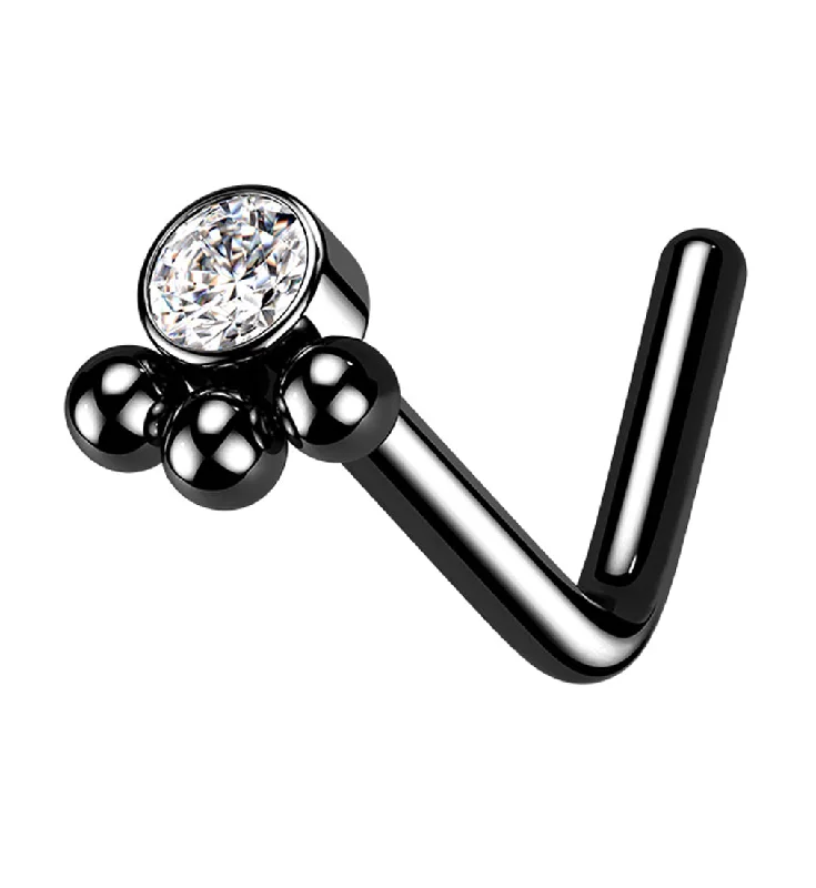 Black PVD Triple Beaded Clear CZ L Bend Nose Stud