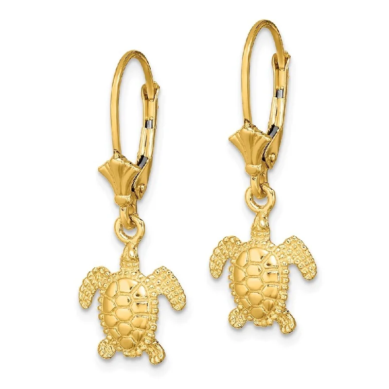 Diamond2Deal 14K Yellow Gold 3-D Mini Sea Turtle Earrings with Leverback (L-29.5 mm, W-29.5 mm)