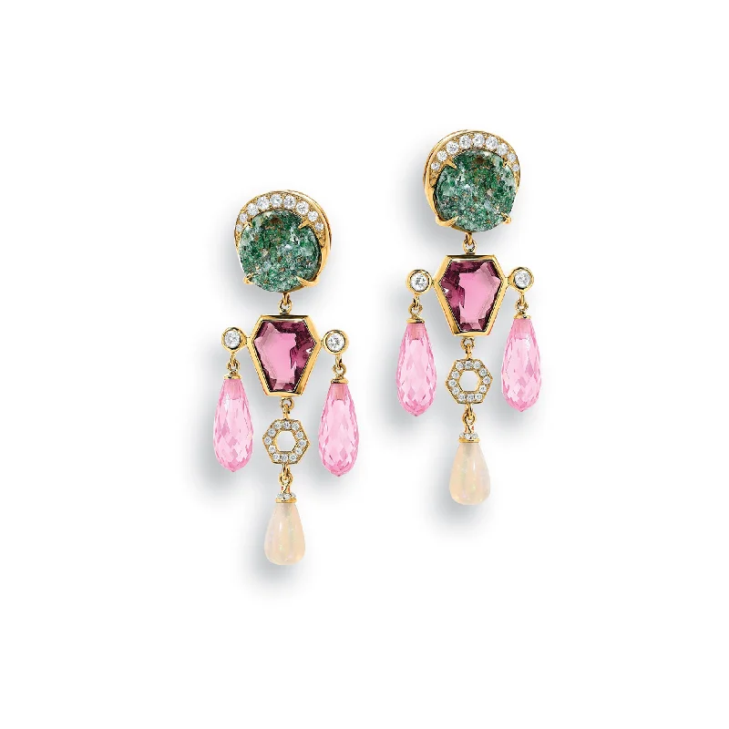 Flower Crown Earrings 18ct Yellow Gold - Fuchsite, Tourmaline, Opal, Zirkonia & Diamond