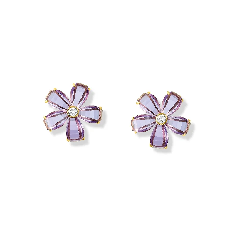 Frangipani Earrings Yellow Gold - Amethyst & Diamond