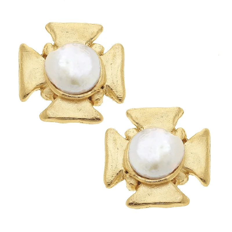 Gold Cross Earrings with Pearl