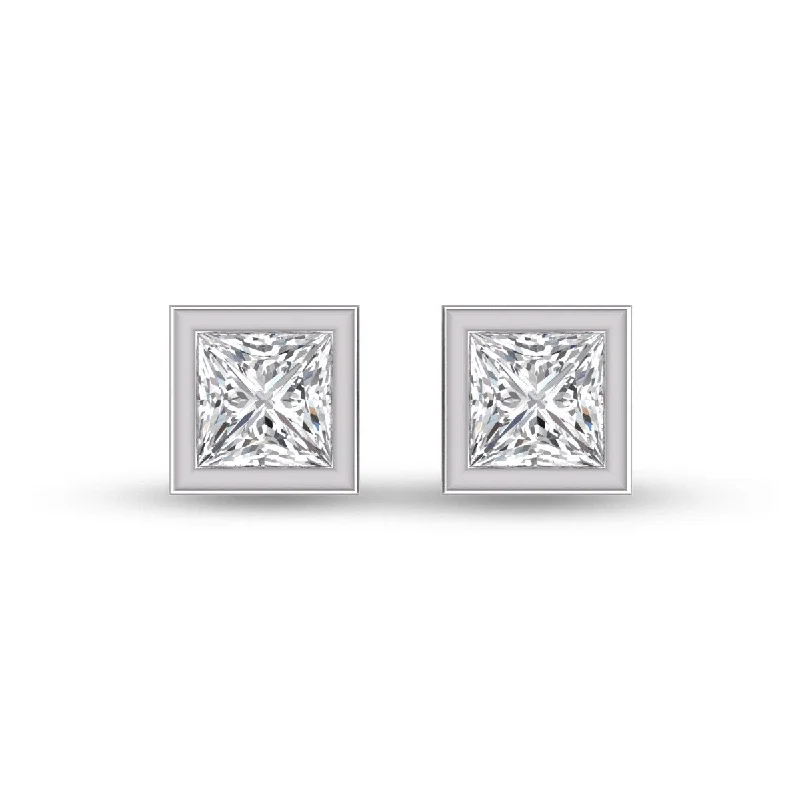 Marquee Lab Grown 1 Carat Princess Cut Bezel Set Solitaire Diamond Earrings in 14K White Gold