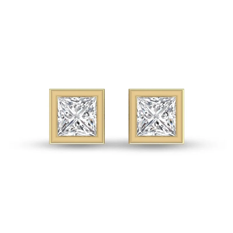 Marquee Lab Grown 1 Carat Princess Cut Bezel Set Solitaire Diamond Earrings in 14K Yellow Gold