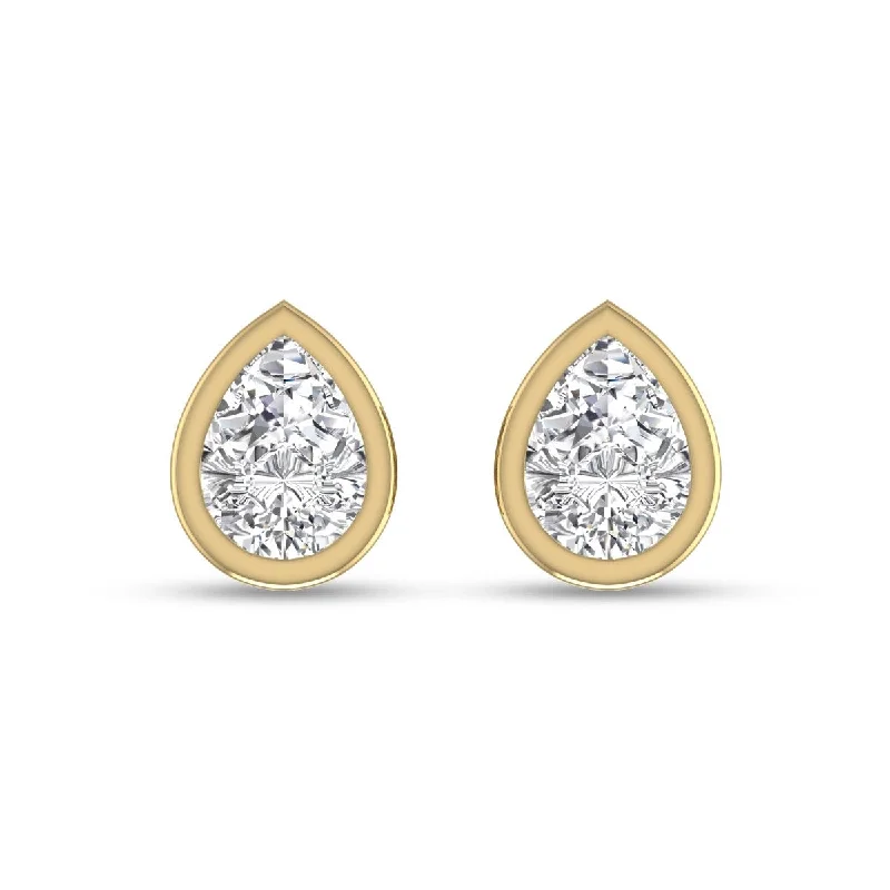 Marquee Lab Grown 3/4 Carat Pear Shaped Bezel Set Solitaire Diamond Earrings in 14K Yellow Gold