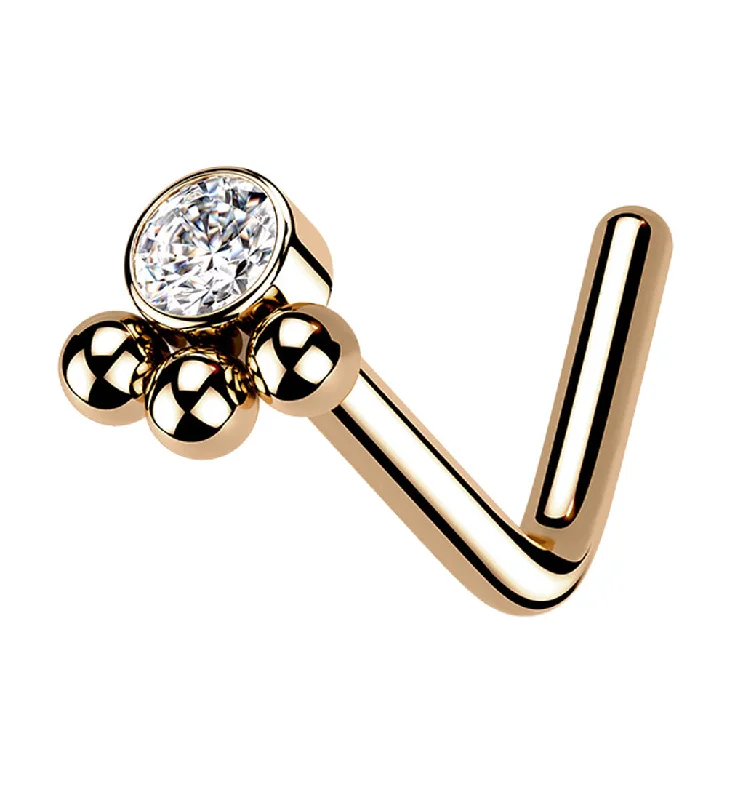 Rose Gold PVD Triple Beaded Clear CZ L Bend Nose Stud