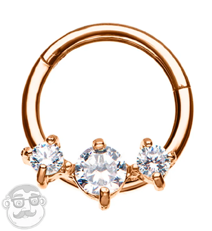 Rose Gold PVD Triple CZ Prong Hinged Segment Ring