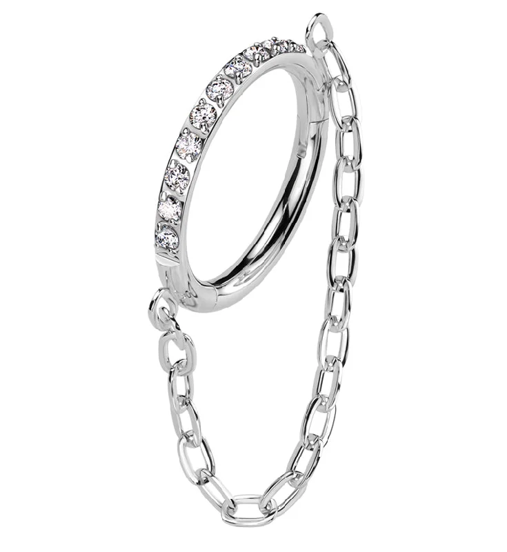 Side Facing Clear CZ Row Dangle Chain Hinged Segment Ring